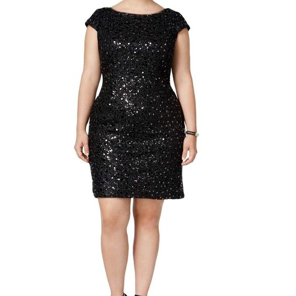 Adrianna Papell Shift Dress Black Sequin Chem Lace Formal Party‎ Sparkly 16W NWT - Picture 1 of 15